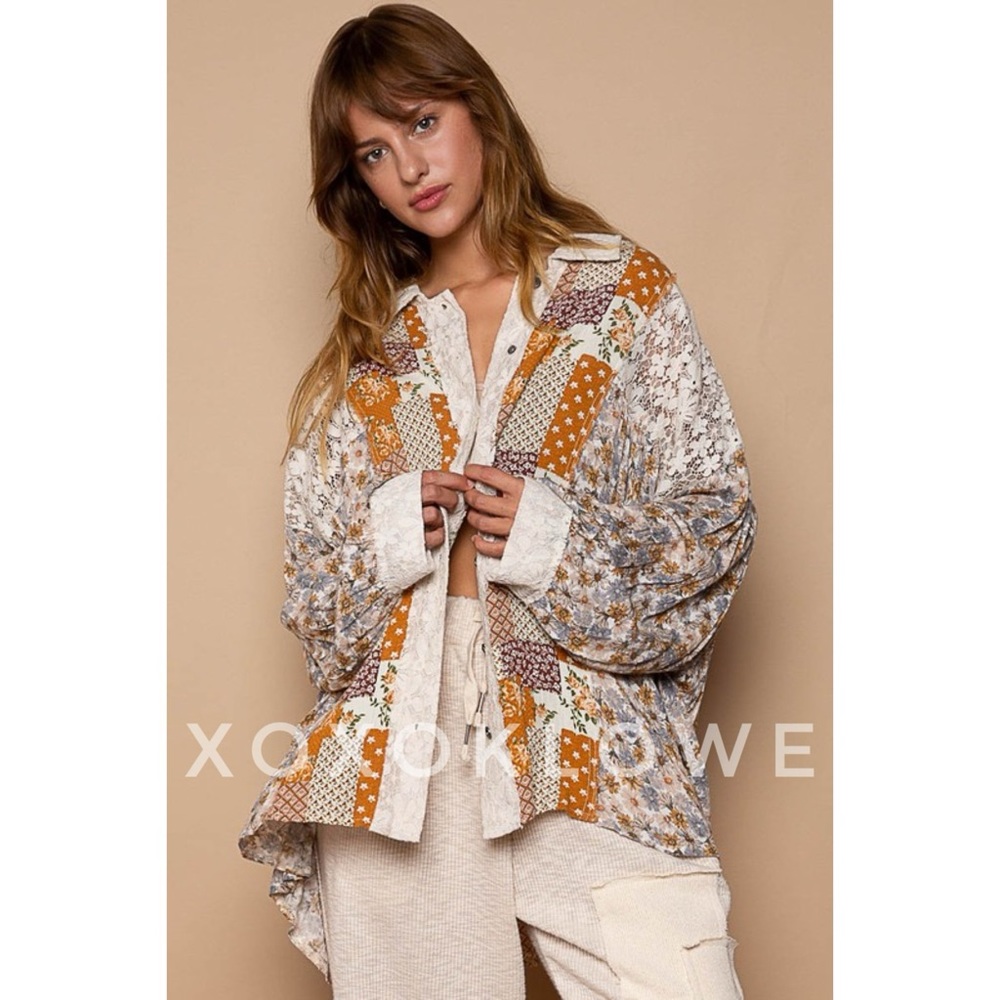 POL Floral + Lace Patchwork Button Down Shirt in Caramel Cream - Picture 11 of 15
